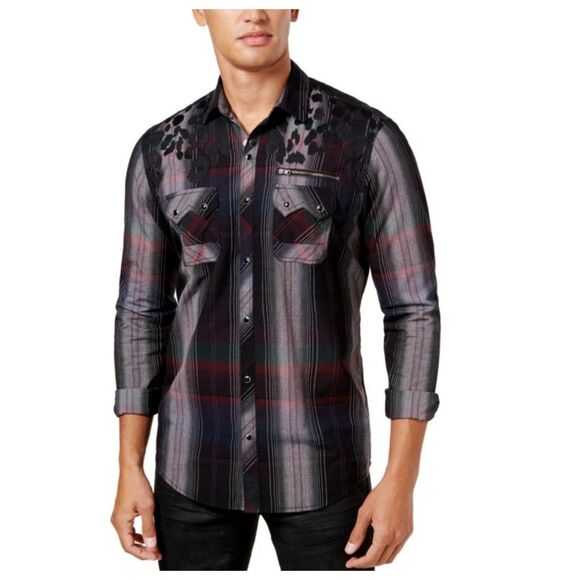 INC International Concepts Men's Pearl Snap Button Shirt Western Plaid Medium - Picture 1 of 11